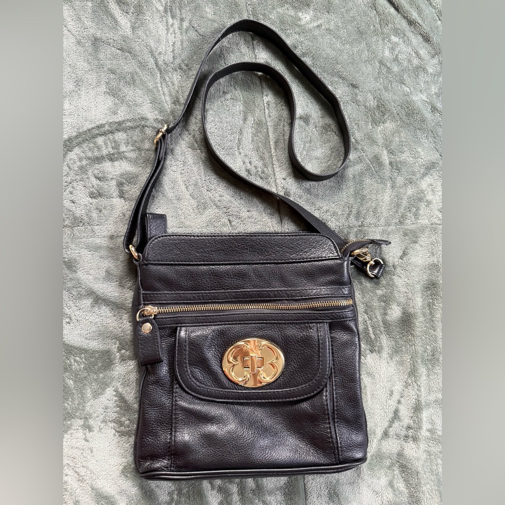 Emma Fox Black Leather Adjustable Strap Crossbody Bag with Gold Hardware